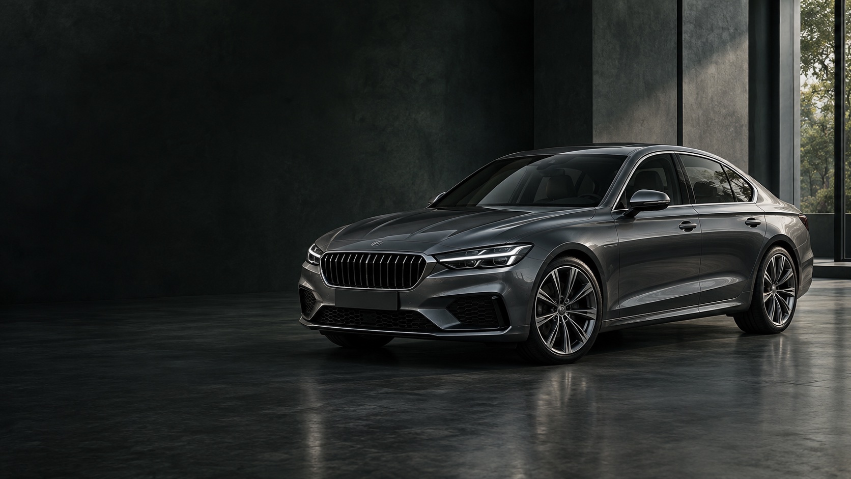 Graphite saloon in a quiet architectural studio, representative imagery