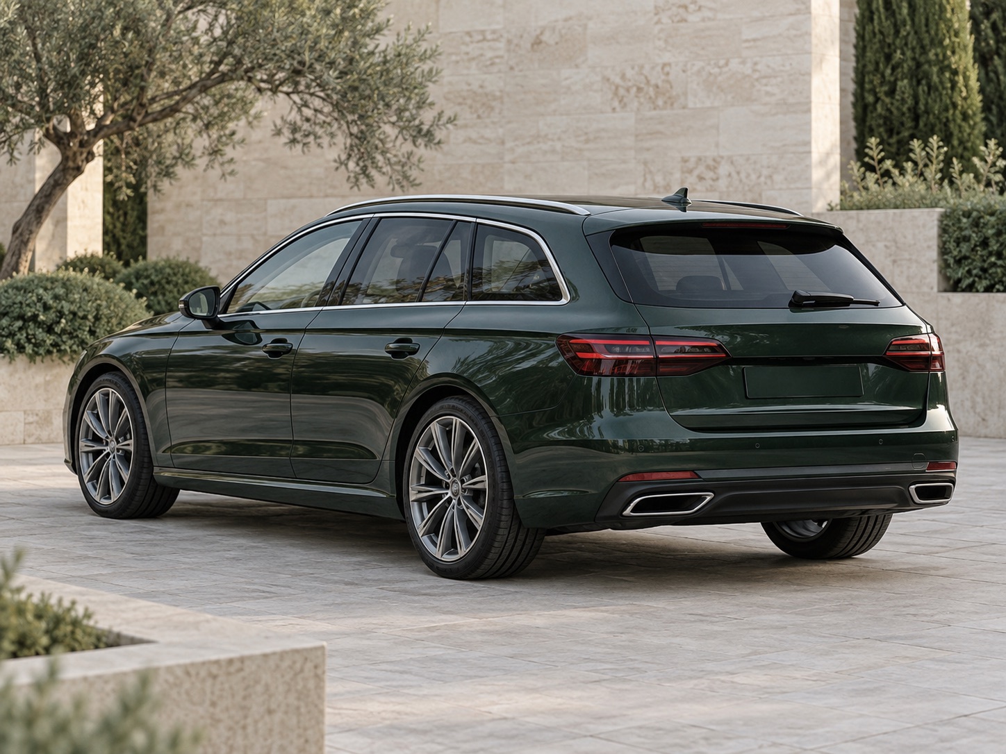 Deep green estate in a light stone courtyard, representative imagery